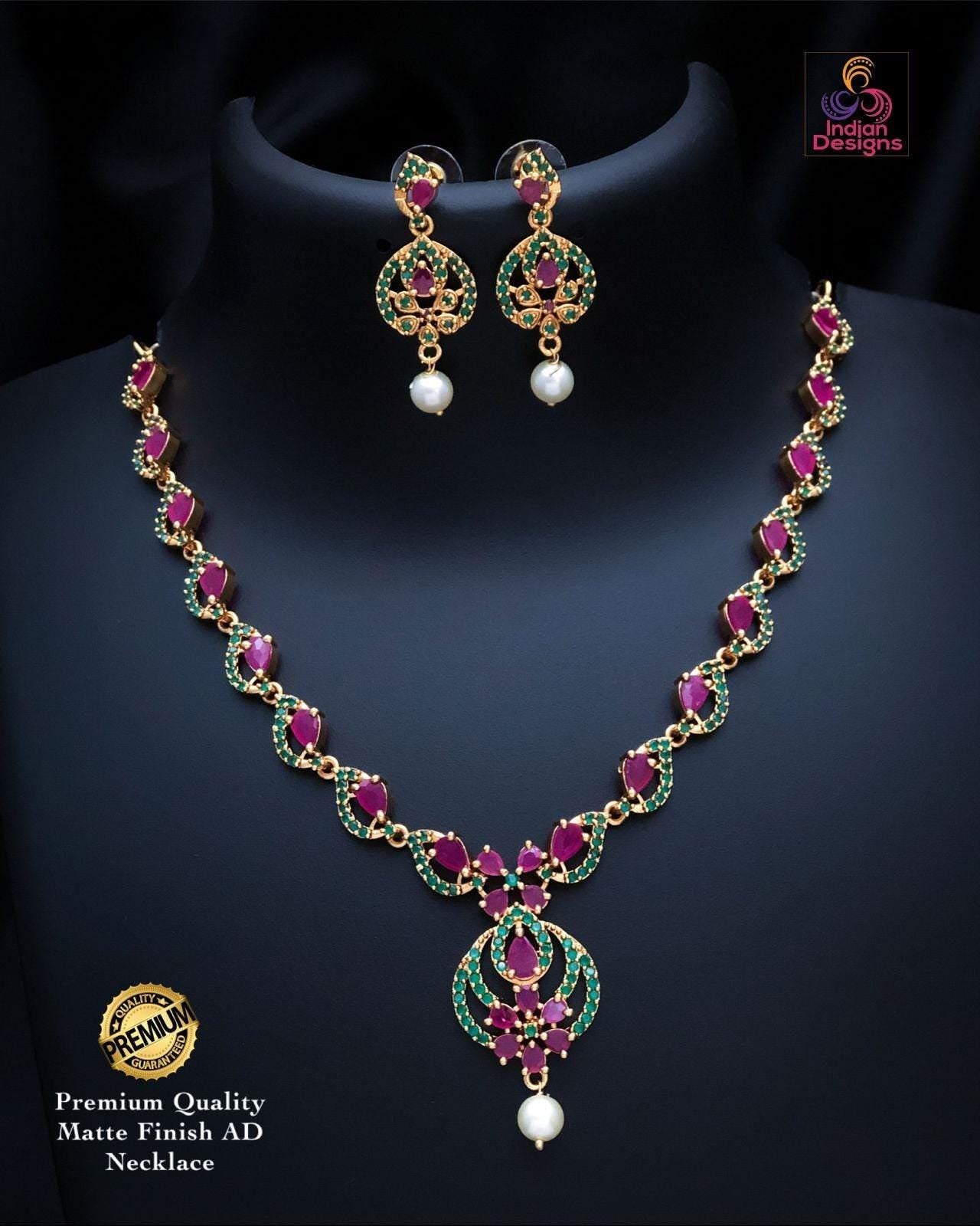 American Diamond Ruby Green Necklace Set| Matte Finish CZ Jewelry with Pearl Drop| Wedding & Party Wear Necklace Earring Combo|Gift for her