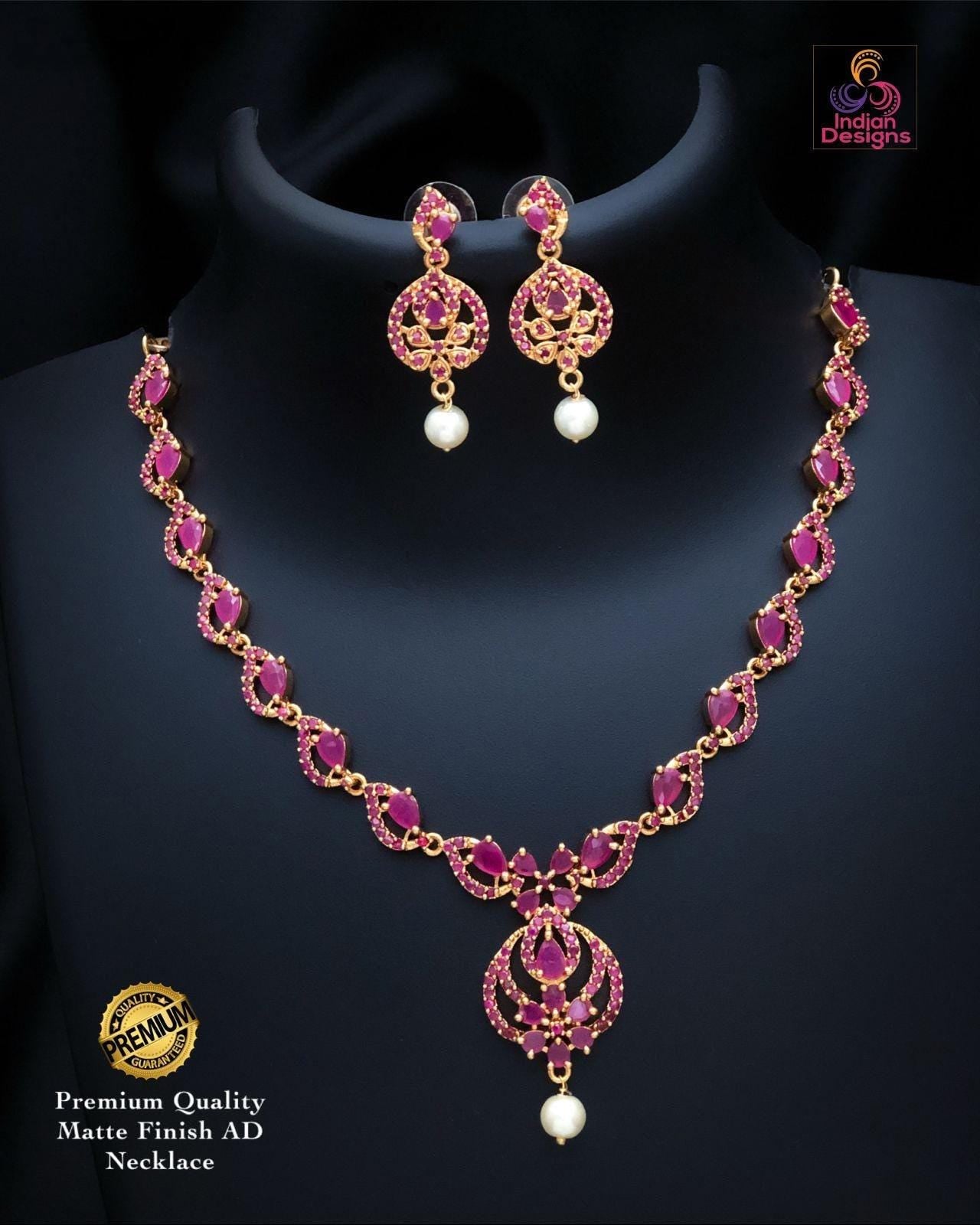 American Diamond Ruby Green Necklace Set| Matte Finish CZ Jewelry with Pearl Drop| Wedding & Party Wear Necklace Earring Combo|Gift for her