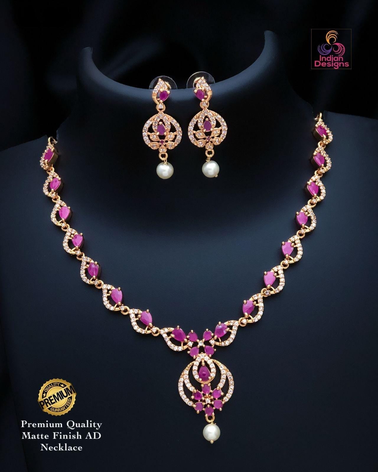 American Diamond Ruby Green Necklace Set| Matte Finish CZ Jewelry with Pearl Drop| Wedding & Party Wear Necklace Earring Combo|Gift for her