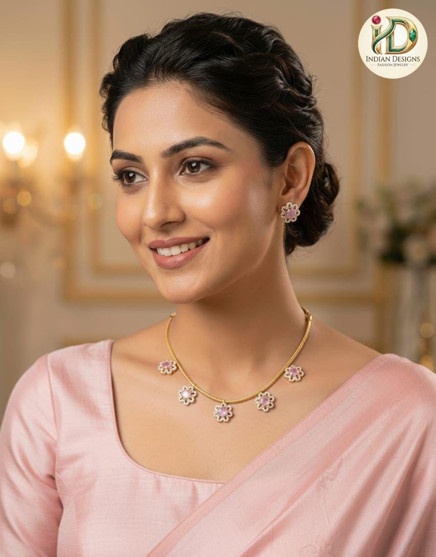 Gold Plated Minimalist Floral Necklace Set| Dainty CZ Stone Charm Choker| Simple Indian Jewelry| Office Wear Pendant Chain| Gift for her