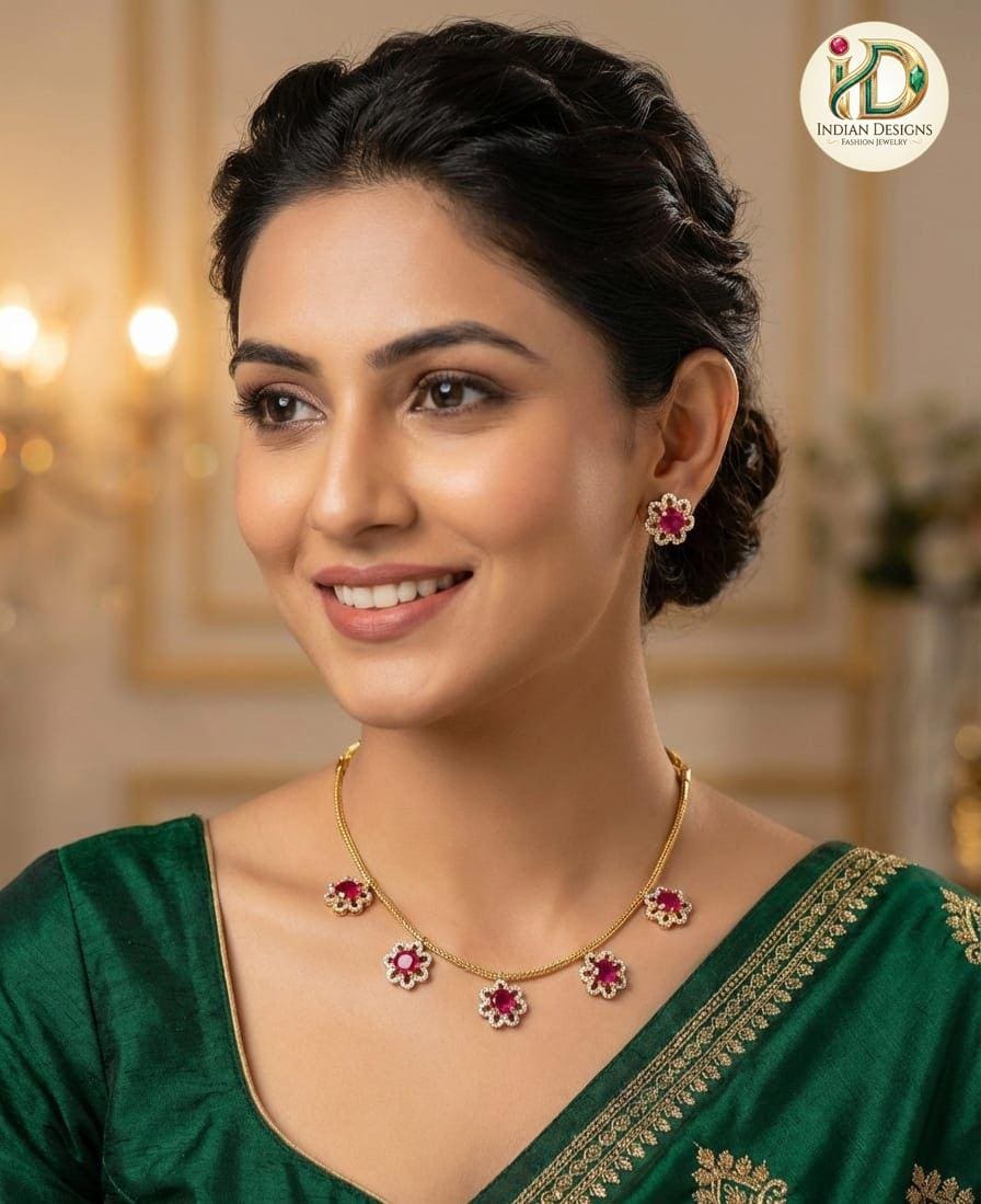 Gold Plated Minimalist Floral Necklace Set| Dainty CZ Stone Charm Choker| Simple Indian Jewelry| Office Wear Pendant Chain| Gift for her