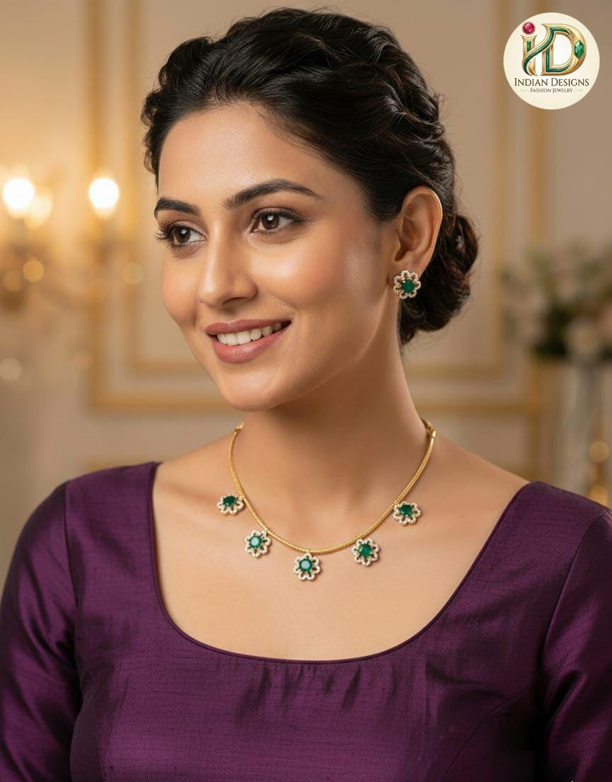 Gold Plated Minimalist Floral Necklace Set| Dainty CZ Stone Charm Choker| Simple Indian Jewelry| Office Wear Pendant Chain| Gift for her