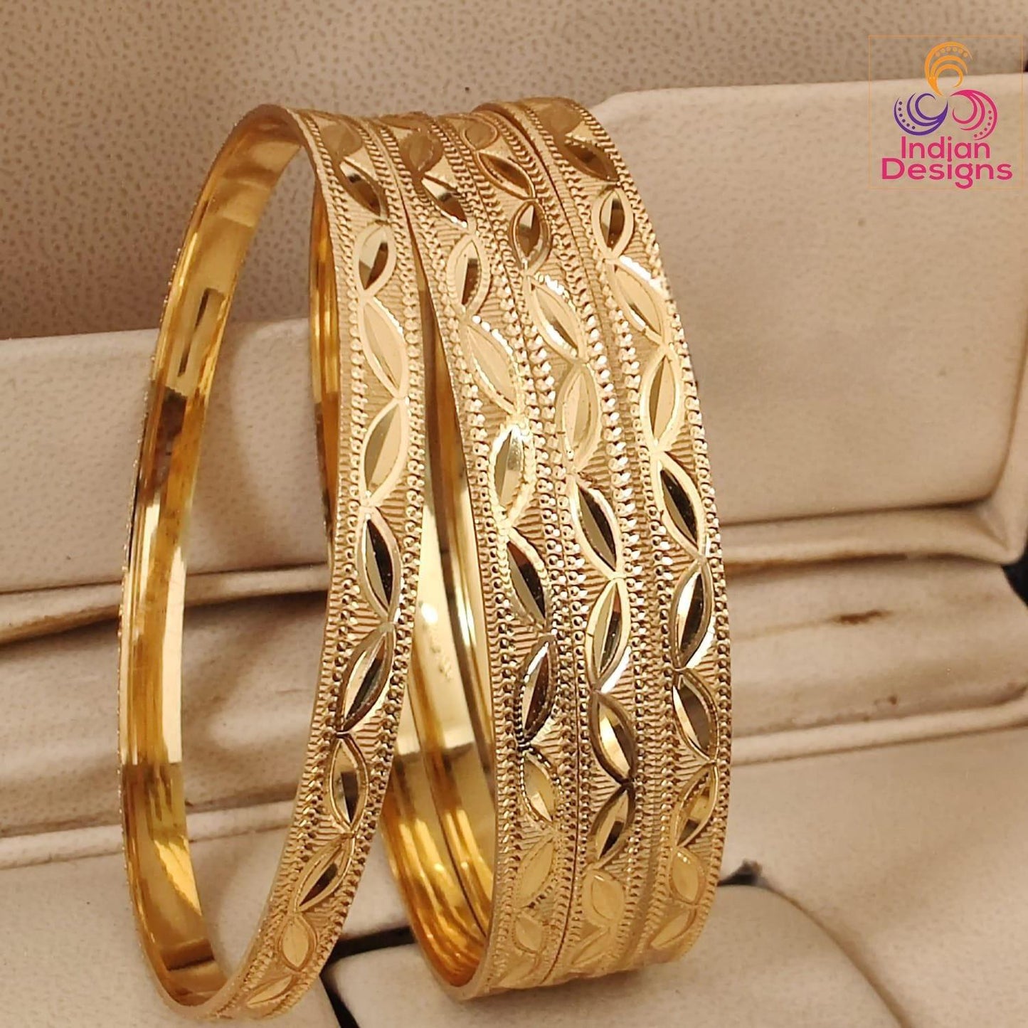 Gold Plated Bangles Set of 4| Indian Daily Wear Jewelry| 1 Gram Gold Leaf PatternBraceslets| Traditional South Indian Bangles| Gift for her