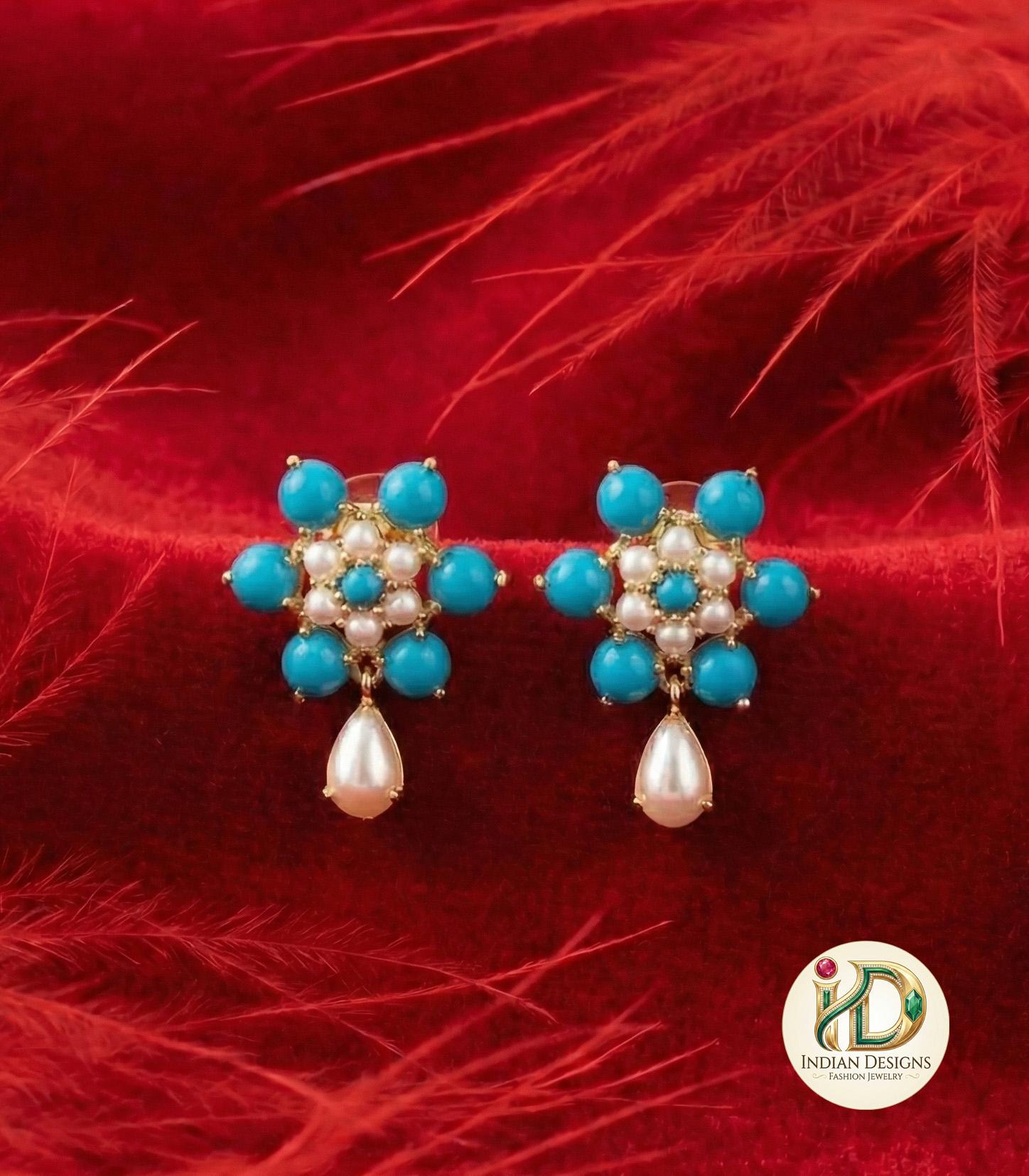 Turquoise and Pearl Floral Earrings| Blue Stone Studs| 1 Inch Drop Earrings| Traditional South Indian Jewelry| Gift for her