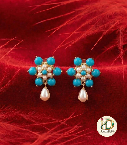 Turquoise and Pearl Floral Earrings| Blue Stone Studs| 1 Inch Drop Earrings| Traditional South Indian Jewelry| Gift for her