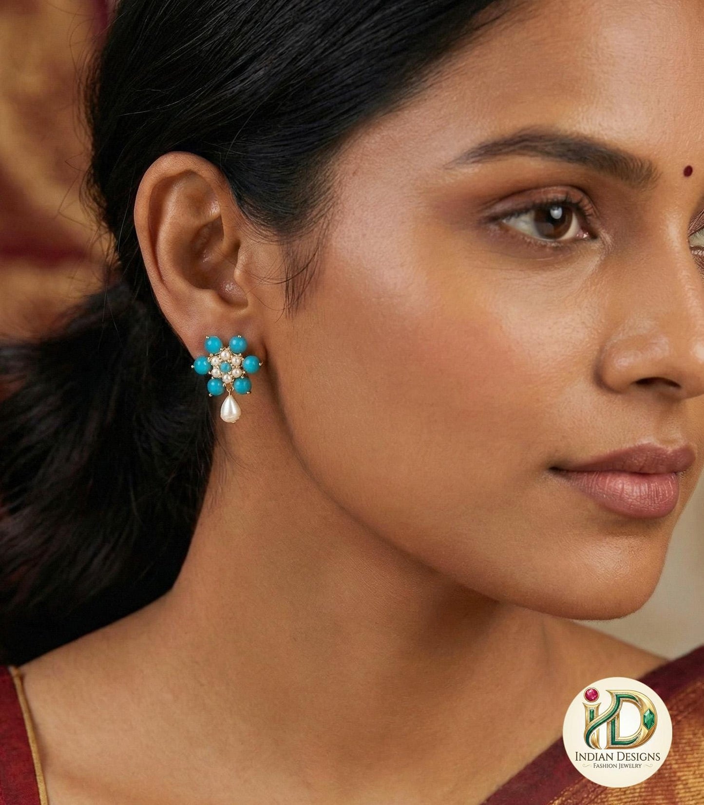 Turquoise and Pearl Floral Earrings| Blue Stone Studs| 1 Inch Drop Earrings| Traditional South Indian Jewelry| Gift for her