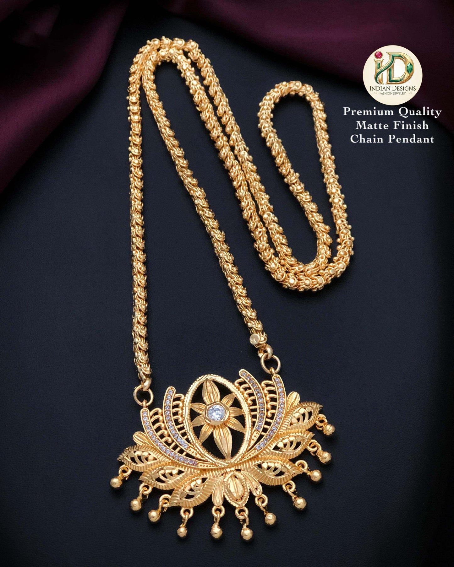 Gold Plated Lotus Pendant Chain Necklace| American Diamond Ruby Green Pendant Jewelry| Traditional South Indian statement Pendant Necklace|