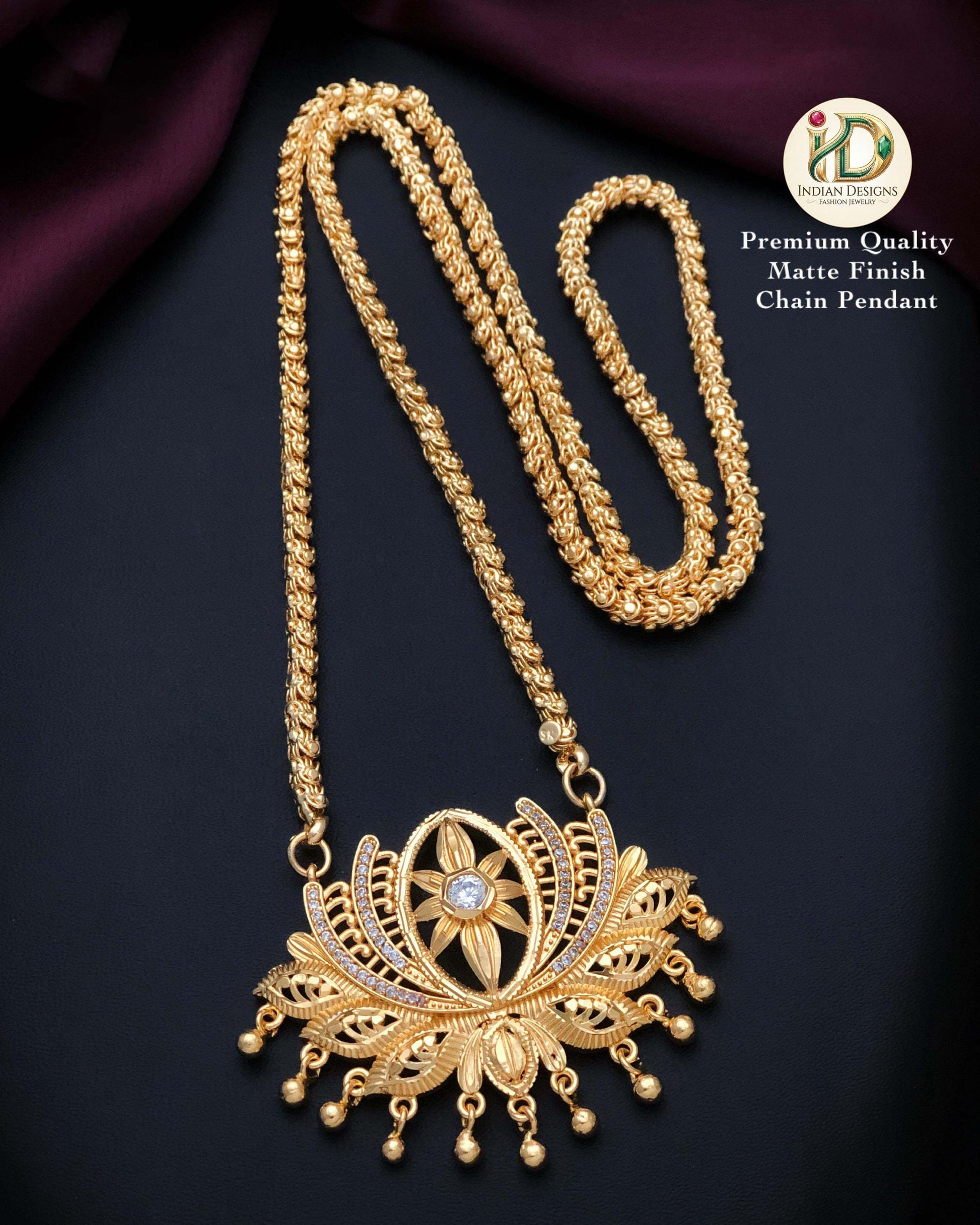 Gold Plated Lotus Pendant Chain Necklace| American Diamond Ruby Green Pendant Jewelry| Traditional South Indian statement Pendant Necklace|