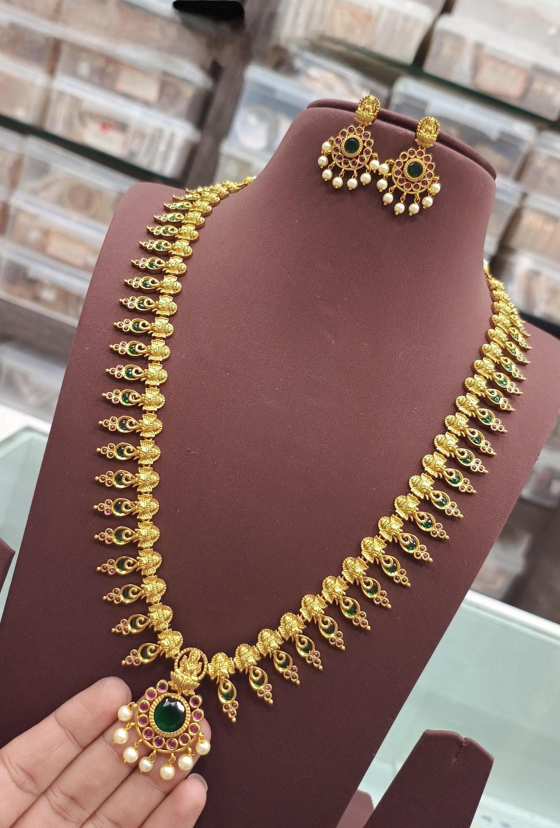 Matte Gold Long Necklace Set| South Indian Temple Jewelry| Ruby Emerald Stone Pendant Haar| Traditional Antique Gold Mala| Gift for her