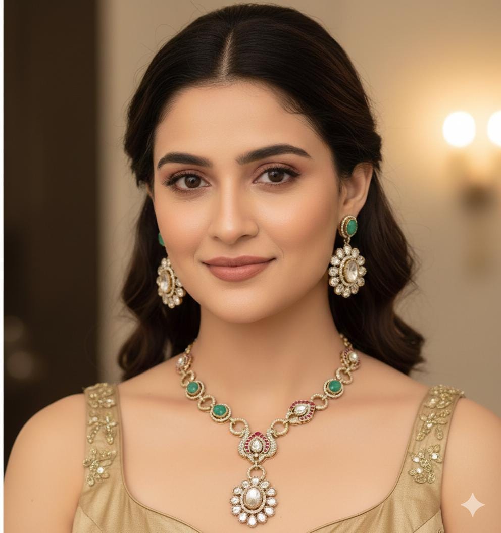 Kundan Polki Necklace Set with Green & White Stones| Bridal Jewelry| Traditional Indian Necklace Set with Earrings|Statement necklace set