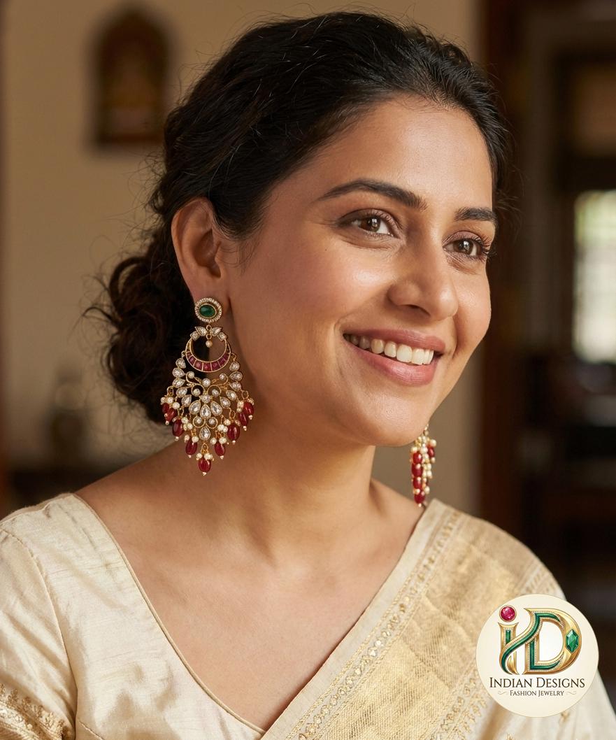 Antique Polki Chandbali Earrings| Pearl Drop Chaandbali| Statement Earrings|