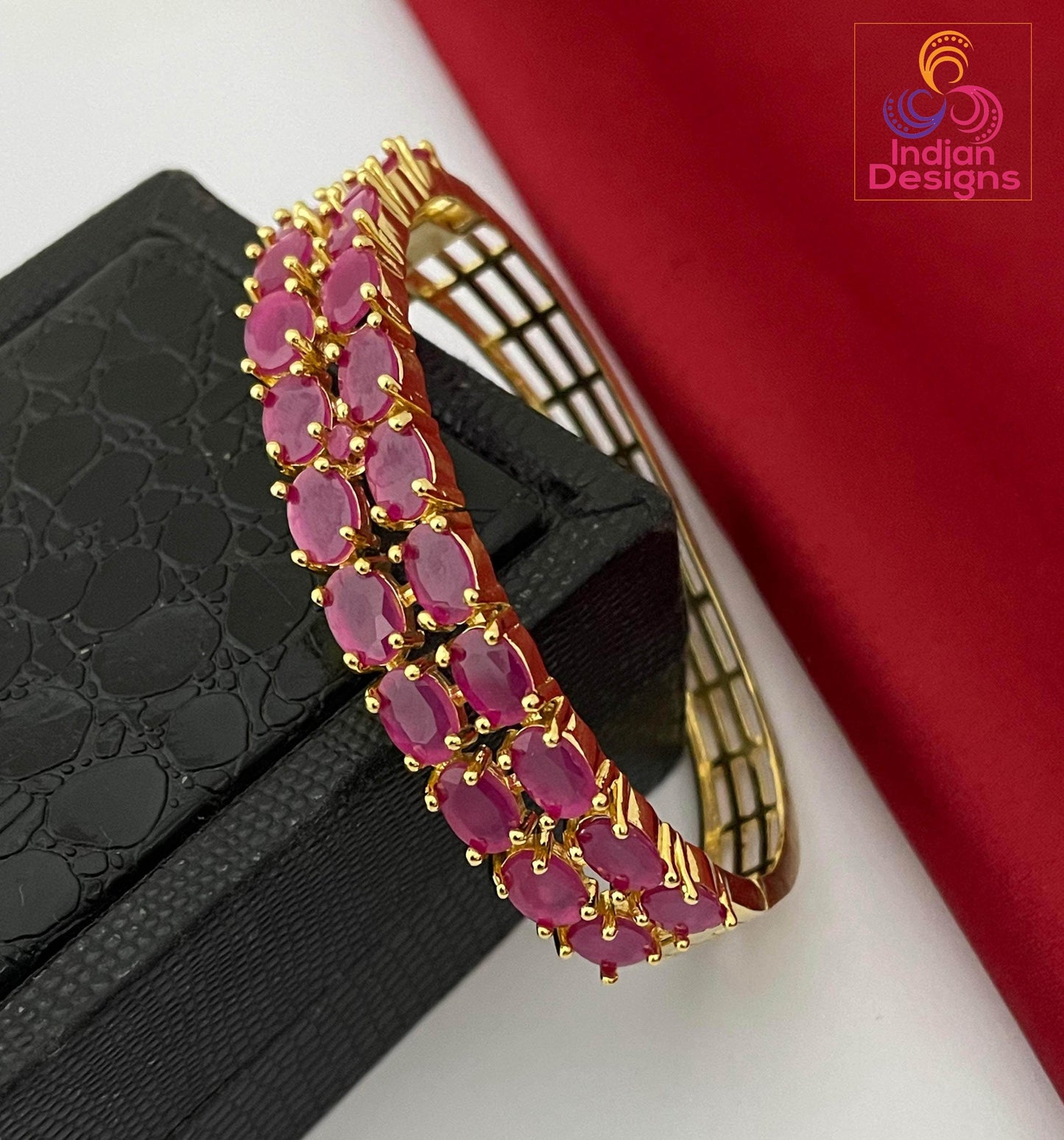 Gold Plated AD Stone Bangle| Openable Ruby Emerald Pearl Bracelet| Bollywood Wedding Jewelry| Indian Bangle| Traditional Ethnic Gift for Her