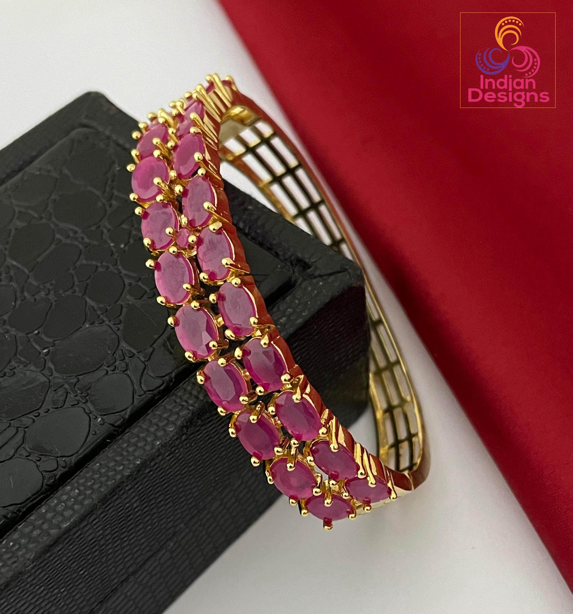 Gold Plated AD Stone Bangle| Openable Ruby Emerald Pearl Bracelet| Bollywood Wedding Jewelry| Indian Bangle| Traditional Ethnic Gift for Her