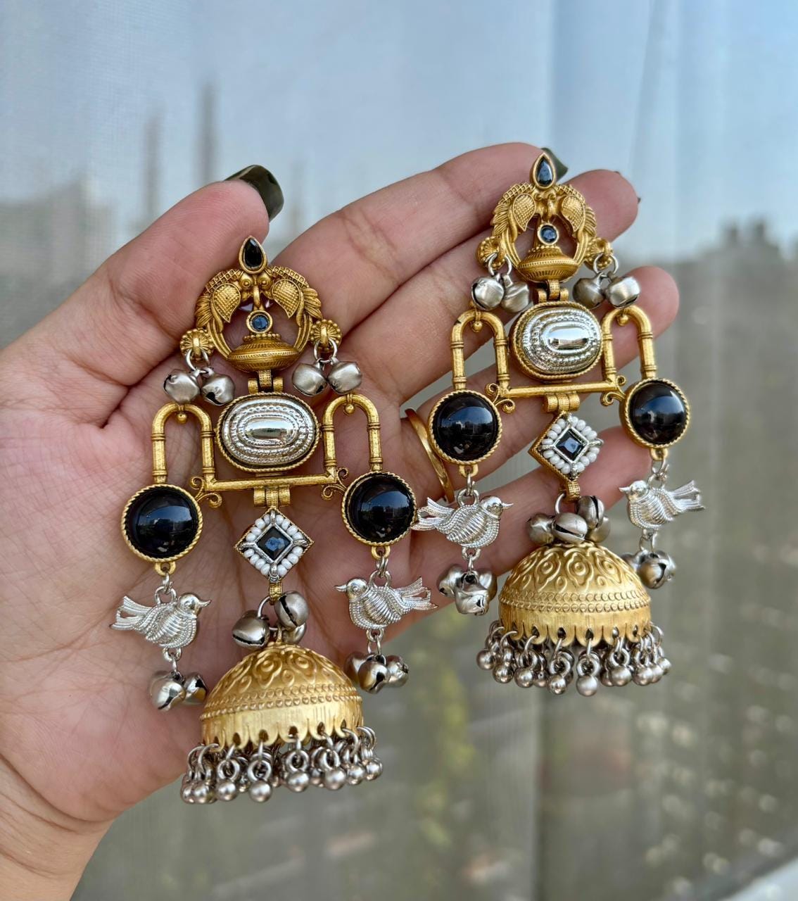 Oxidized silver & gold indian earrings with ghungroo bells| german silver dual tone earrings| statement earrings| bohemian ethnic jewelry
