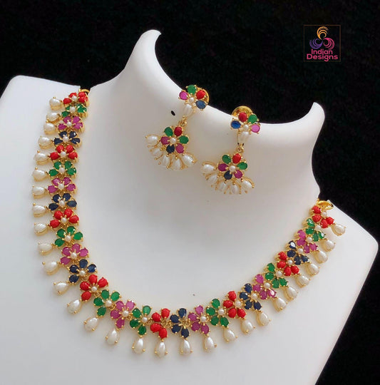 Gold Plated Exclusive Pearls and Red coral stones Floral motif Necklace | Indian Jewelry | Gift for her