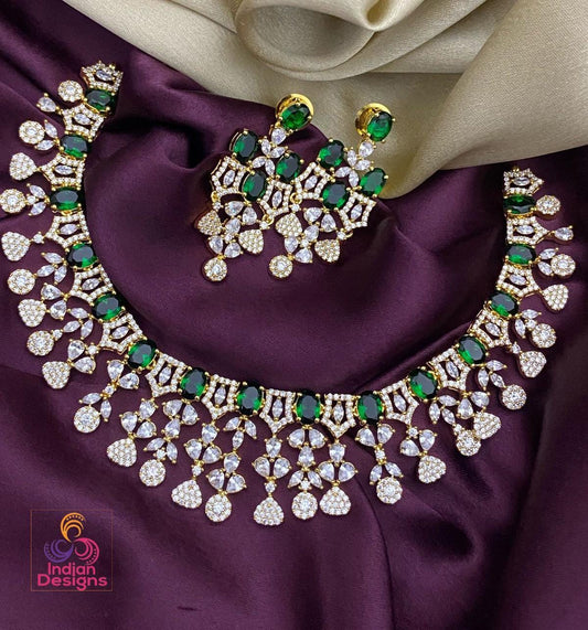 Stylish green stone and cz choker necklace set with matching earrings| american diamond wedding choker| statement wedding set| gift for her