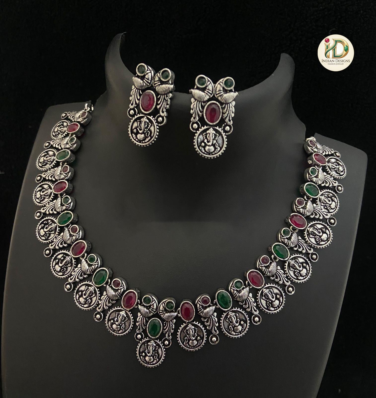 Oxidized Silver Ganesha Coin Necklace Set| German Silver Temple Jewelry| Indian Boho Choker| Tribal Necklace| Navratri Choker| Gift for her