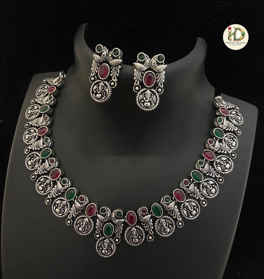 Oxidized Silver Ganesha Coin Necklace Set| German Silver Temple Jewelry| Indian Boho Choker| Tribal Necklace| Navratri Choker| Gift for her