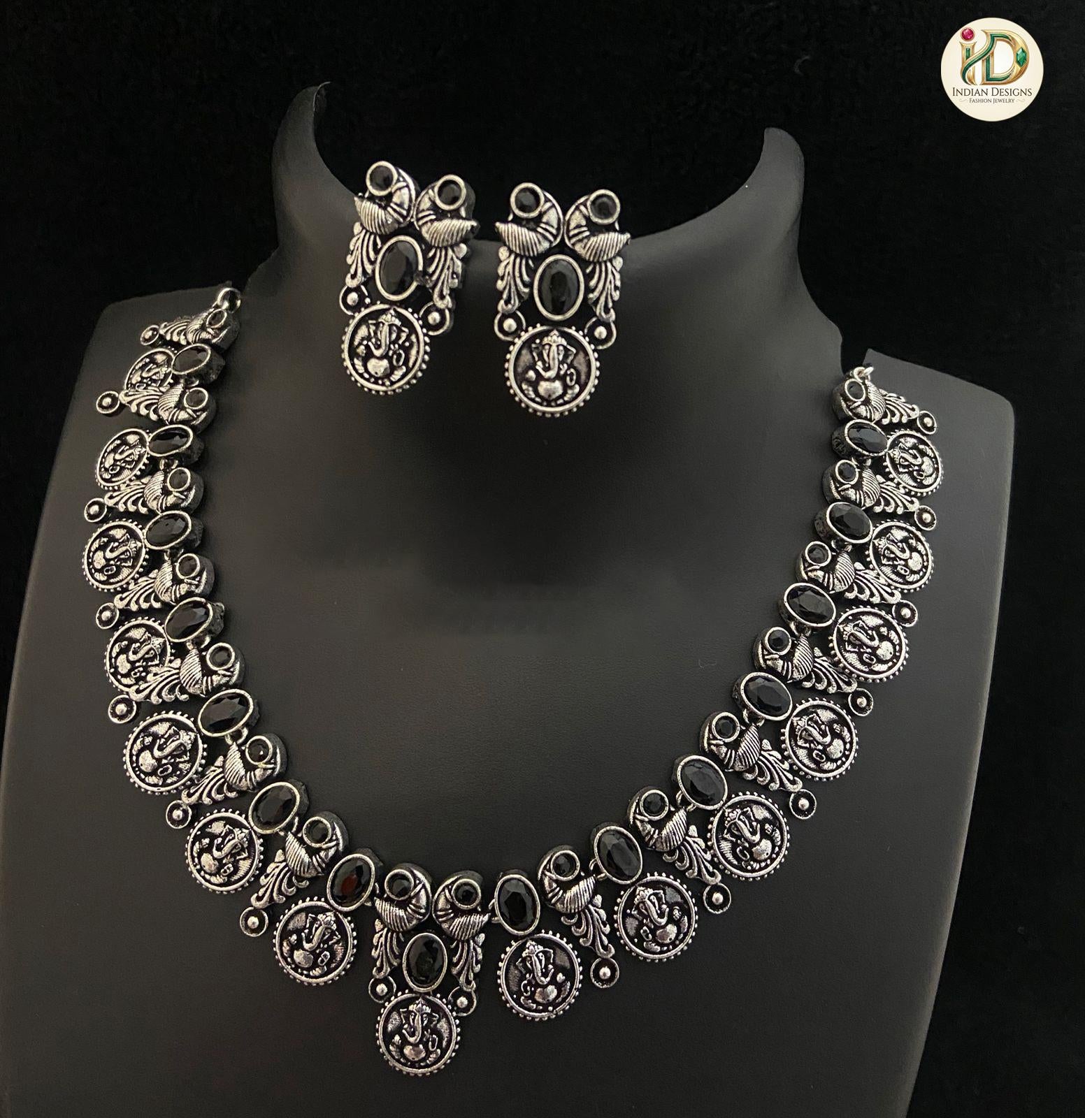 Oxidized Silver Ganesha Coin Necklace Set| German Silver Temple Jewelry| Indian Boho Choker| Tribal Necklace| Navratri Choker| Gift for her