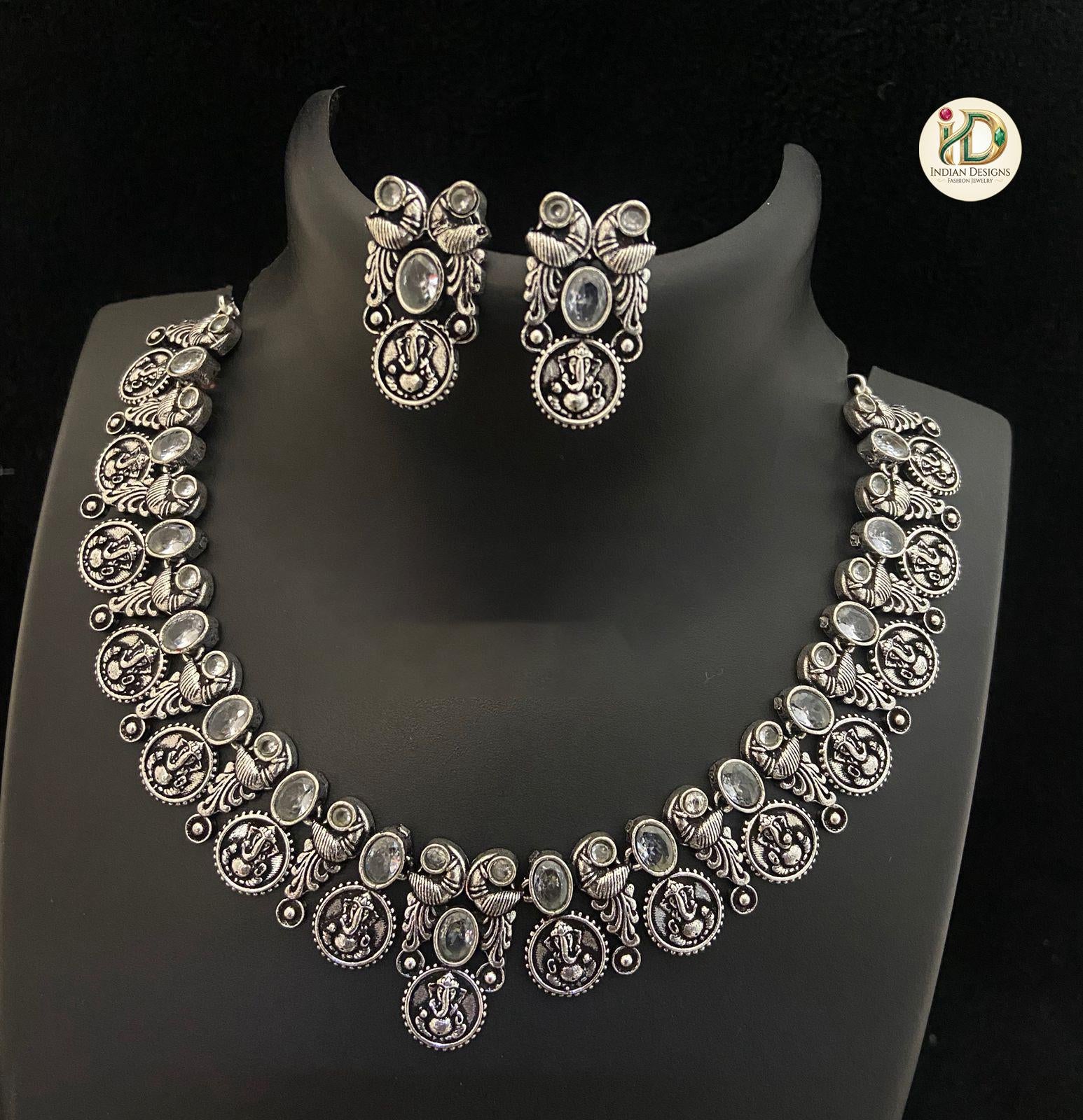 Oxidized Silver Ganesha Coin Necklace Set| German Silver Temple Jewelry| Indian Boho Choker| Tribal Necklace| Navratri Choker| Gift for her