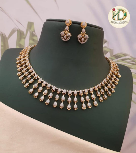 American Diamond Gold Finish Necklace Set| Statement necklace earrings| White & Gold Tone Elegant Party Wear AD Necklace Set| Gift for her
