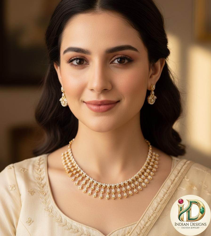 American Diamond Gold Finish Necklace Set| Statement necklace earrings| White & Gold Tone Elegant Party Wear AD Necklace Set| Gift for her