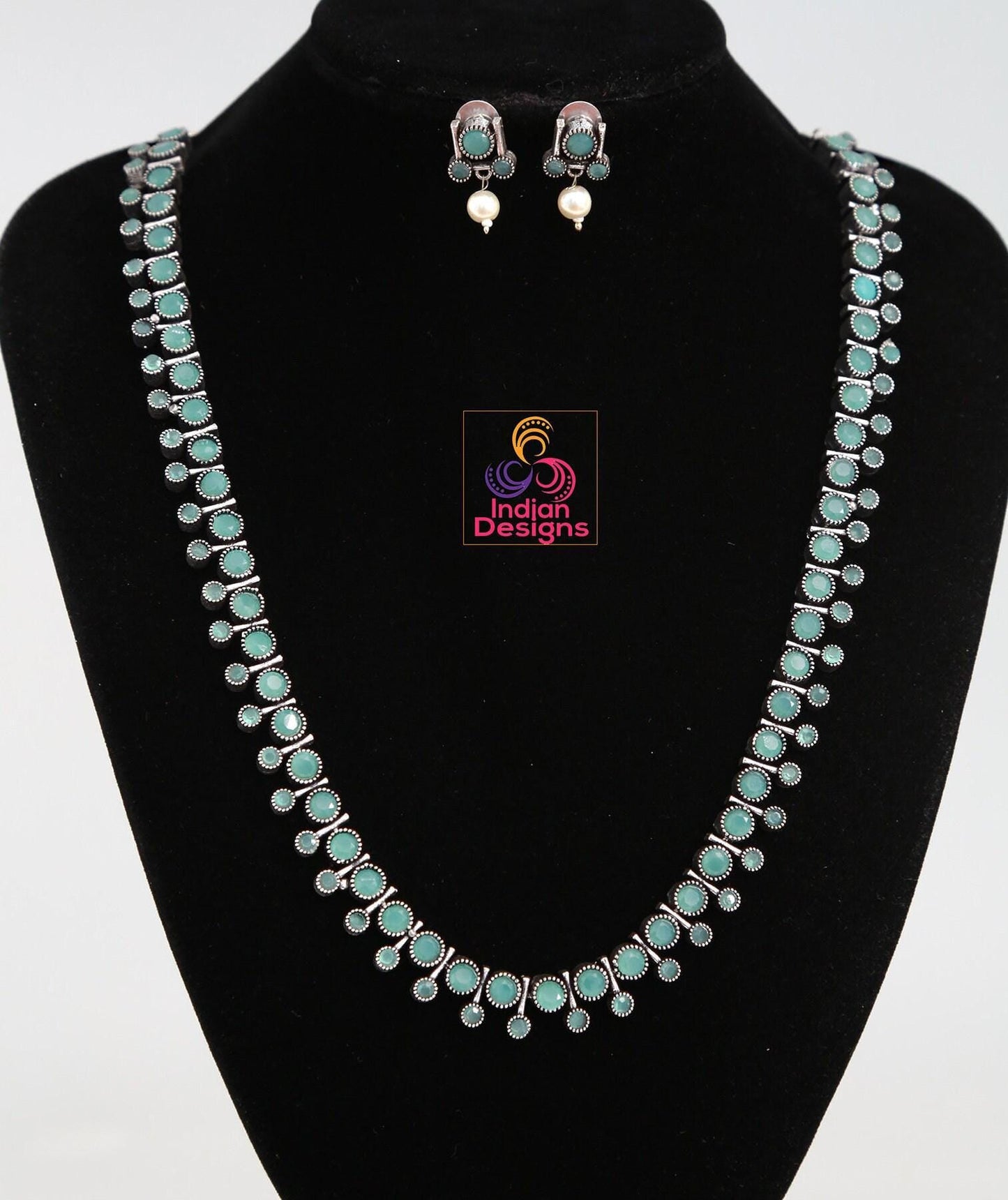 Oxidized long Necklace set | German Silver Indian Oxidized Necklace and Earrings Set in Turquoise, Emerald, and Ruby Tones | Boho Jewelry