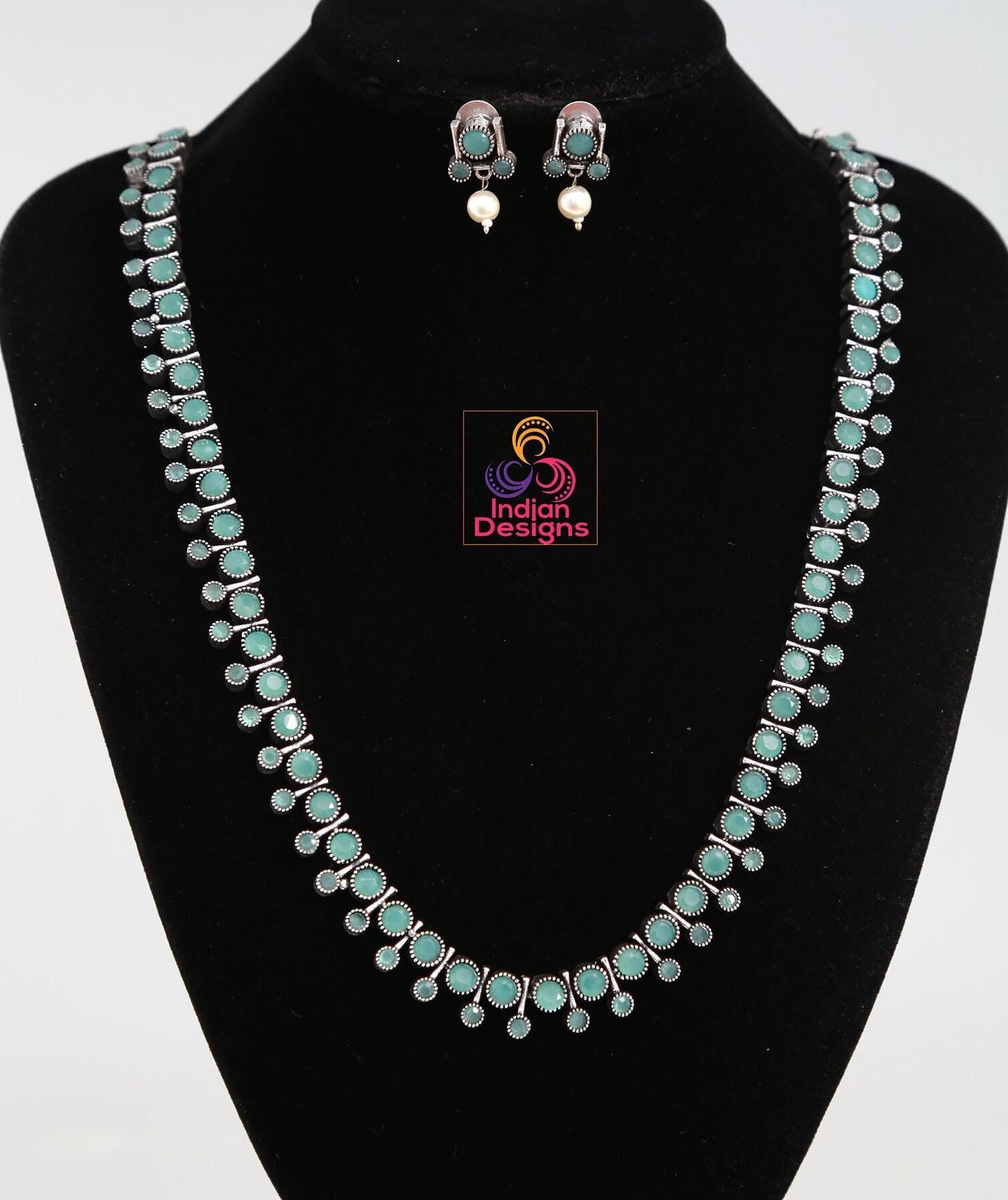 Oxidized long Necklace set | German Silver Indian Oxidized Necklace and Earrings Set in Turquoise, Emerald, and Ruby Tones | Boho Jewelry