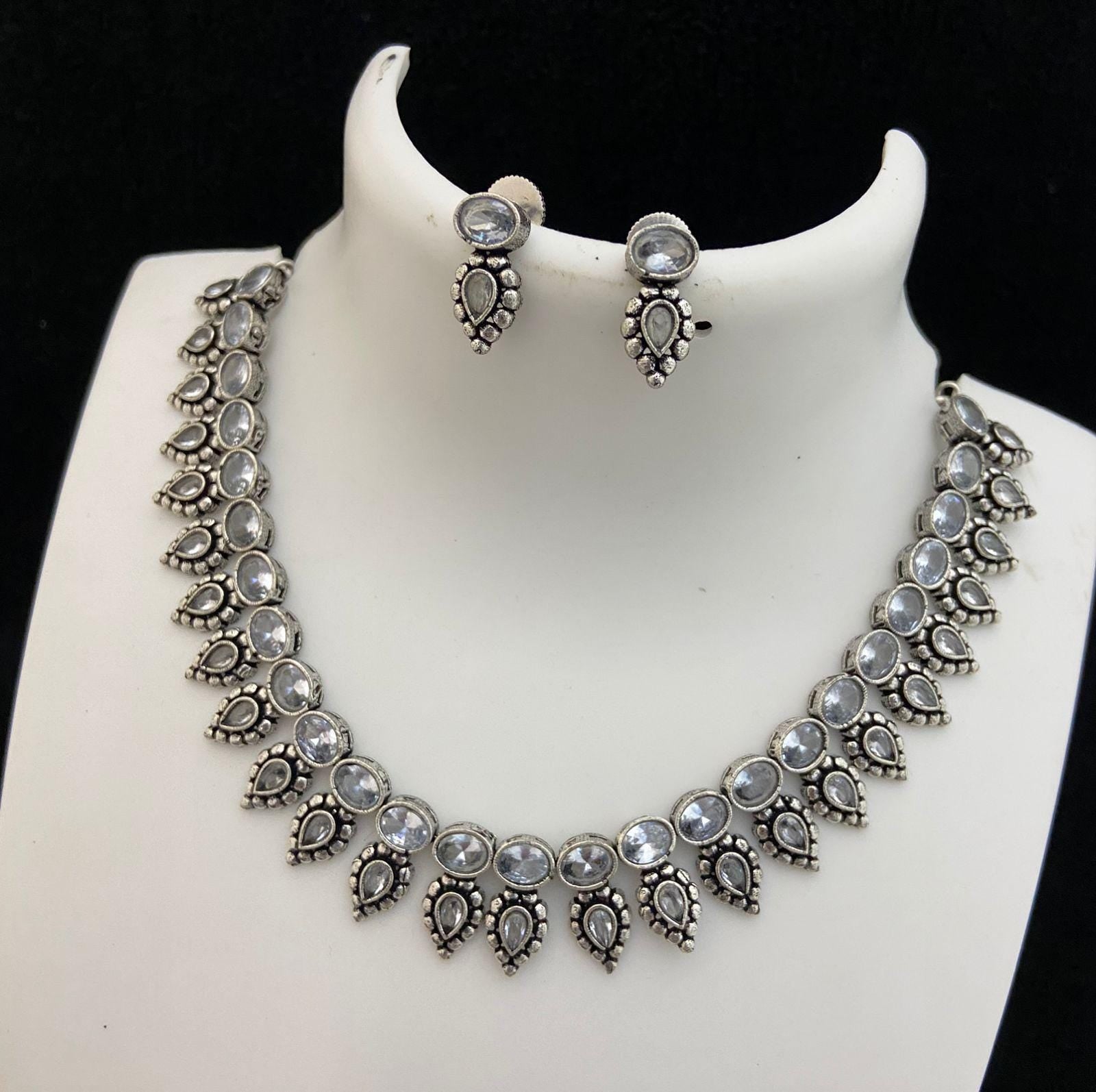 Oxidized silver necklace set | German silver necklace set India | Antique finish Silver choker Necklace | Black Polish American Diamond set