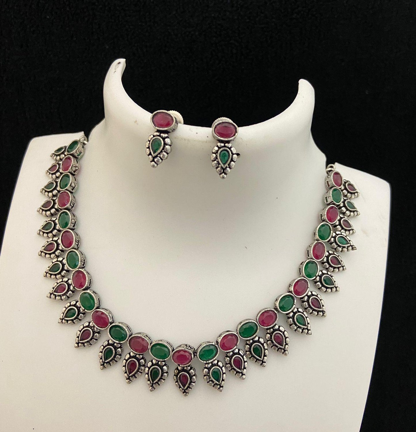 Oxidized silver necklace set | German silver necklace set India | Antique finish Silver choker Necklace | Black Polish American Diamond set