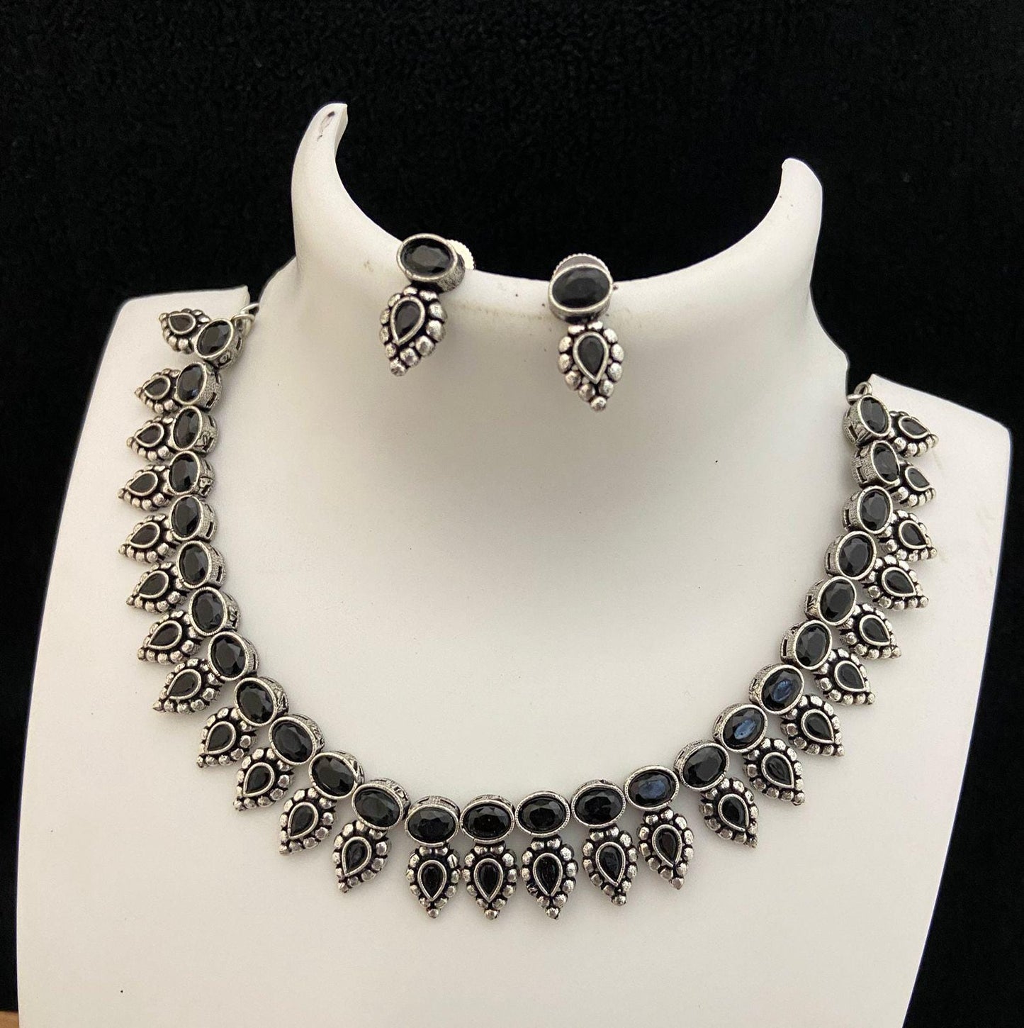 Oxidized silver necklace set | German silver necklace set India | Antique finish Silver choker Necklace | Black Polish American Diamond set