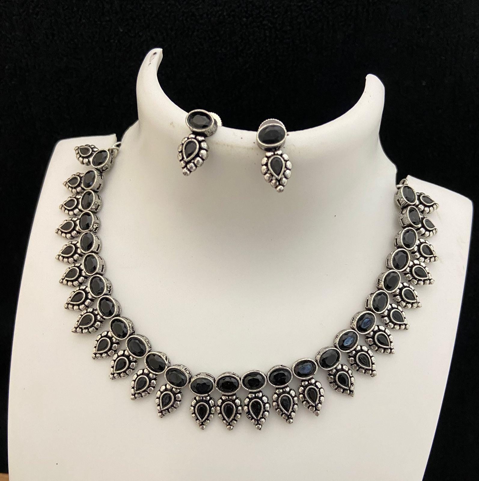 Oxidized silver necklace set | German silver necklace set India | Antique finish Silver choker Necklace | Black Polish American Diamond set