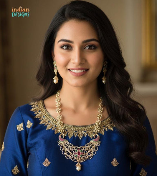 Gold Plated American Diamond Long Wedding Jewelry set| Indian Wedding necklace Earring Set| Peacock Pendant and Jhumka set| Gift for her