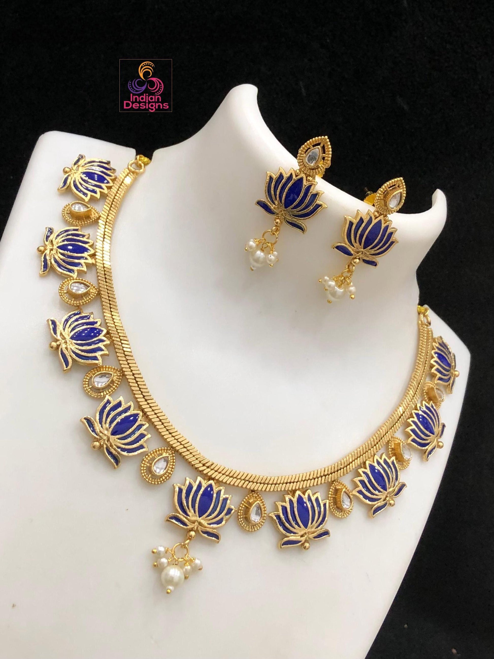Lotus Choker Necklace Set| Enamel Gold Finish Jewelry| Pearl Drop Necklace with Earrings| Traditional South Indian Design style|Gift for her