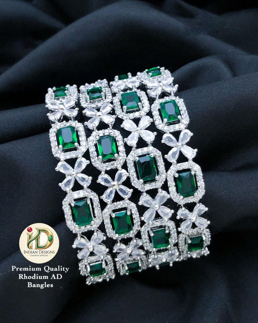 Rhodium Emerald Green AD Bangles Set| American Diamond CZ Bridal Bracelets| Green Stone Indian Wedding Kada| Silver Plated Bangle Set.