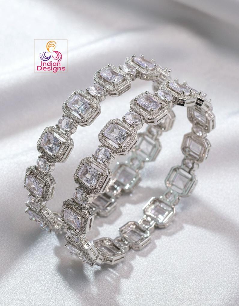 American diamond bangles| cz stone bangles| silver finish ad bracelets| party wear ad kada set| wedding jewelry bangles| gift for her