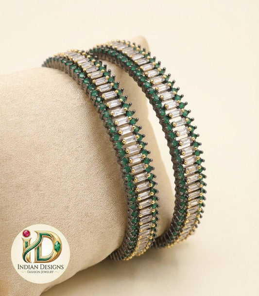 Oxidized Gold Tone Emerald CZ Bangles Set 2.8 Size| Antique Finish AD Stone Indian Bracelet| Baguette Cubic Zirconia Bangles| Gift for her