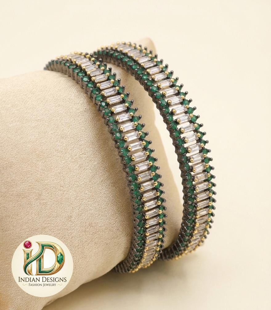 Oxidized Gold Tone Emerald CZ Bangles Set 2.8 Size| Antique Finish AD Stone Indian Bracelet| Baguette Cubic Zirconia Bangles| Gift for her
