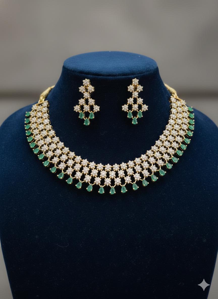 Bollywood White Crystal Triple Rows Star Intricate Design with Green CZ Necklace|American Diamond Jewelry|Indian Wedding Bridal Necklace
