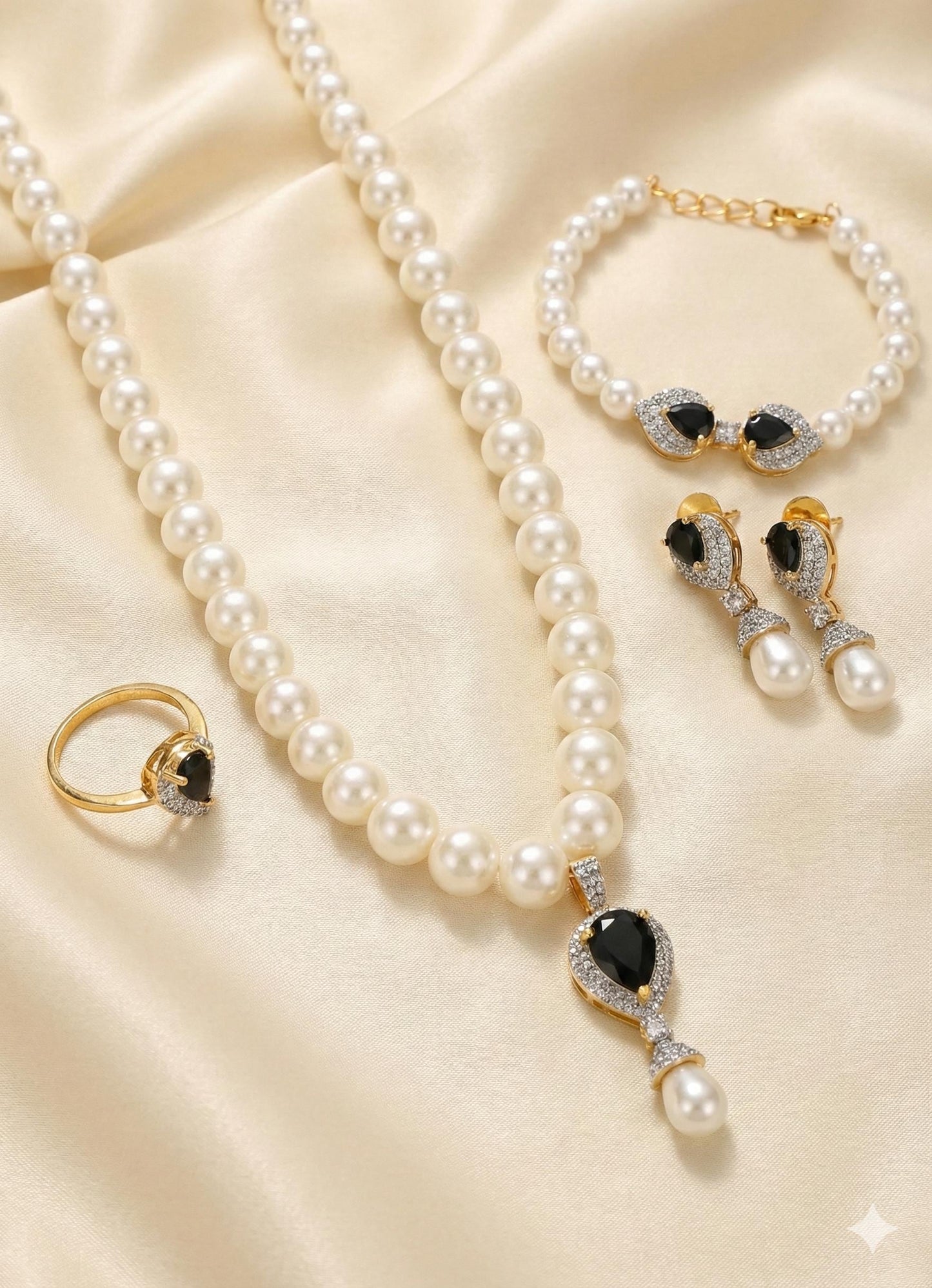 Pearl necklace set with bracelet & ring| gold plated cz teardrop pendant| crystal bridesmaid jewelry| modern wedding gift| party wear set