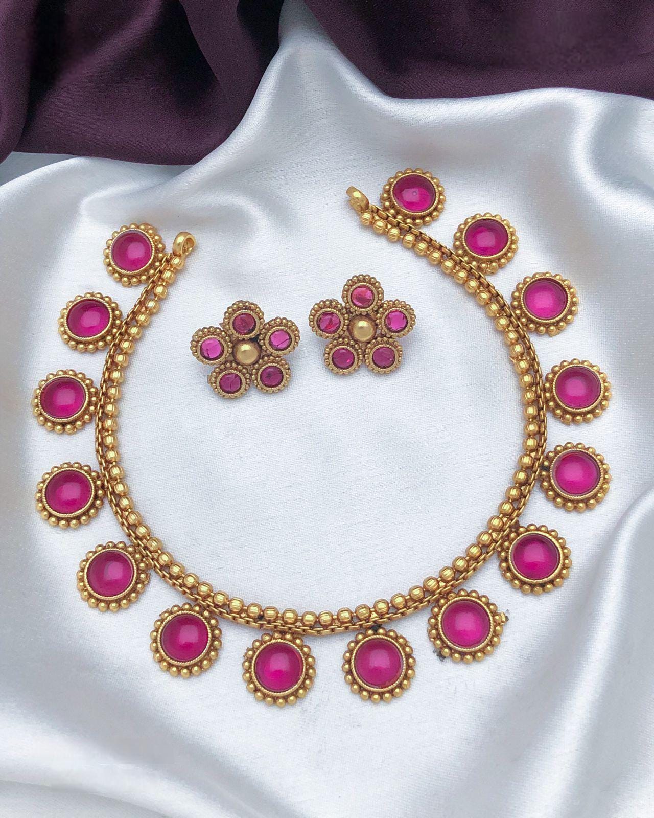 Traditional Gold-Plated Necklace Set with Red and Green Stones| Indian Temple Jewelry| Elegant Wedding Necklace with Matching Earrings