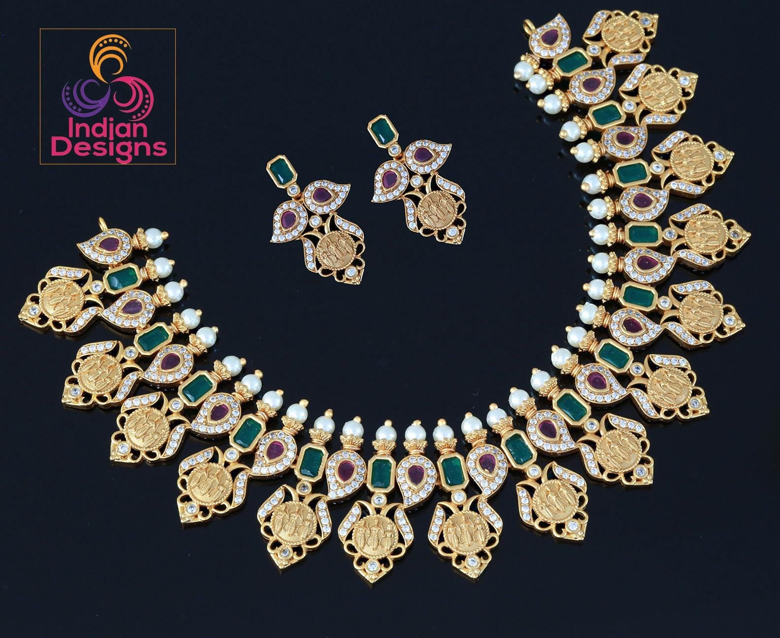 South indian ram parivar necklace set | matte finish gold plated green- red kemp stone ramparivaar choker necklace | temple jewelry necklace