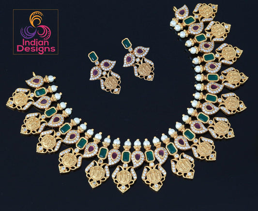 South indian ram parivar necklace set | matte finish gold plated green- red kemp stone ramparivaar choker necklace | temple jewelry necklace