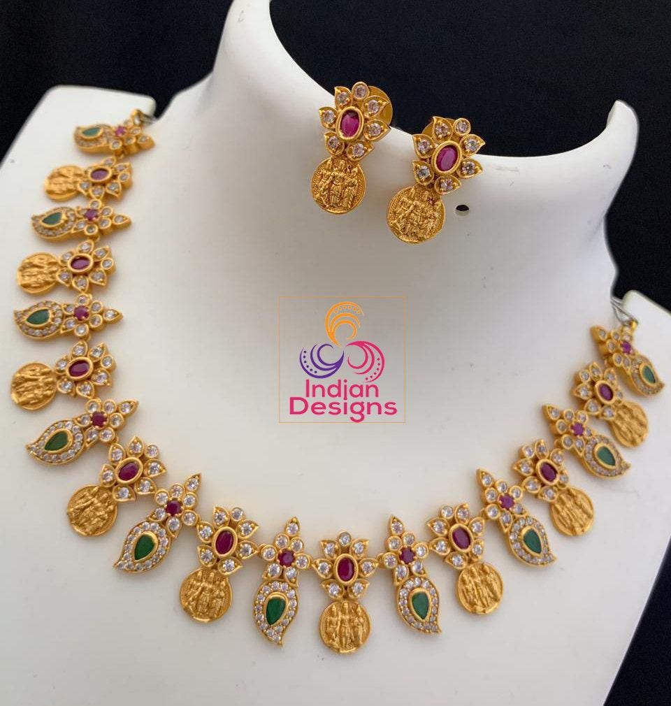 South indian ram parivar necklace set | matte finish gold plated green- red kemp stone ramparivaar choker necklace | temple jewelry necklace