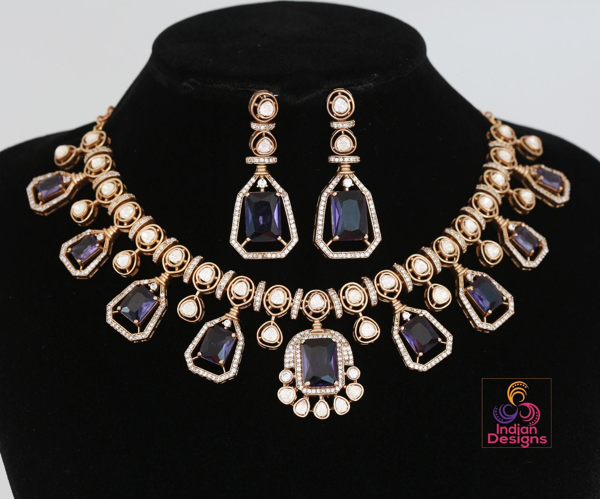 Victorian gold polish kundan necklace set| uncut polki diamond kundan stone necklace| indian wedding bridal statement necklace|gift for her