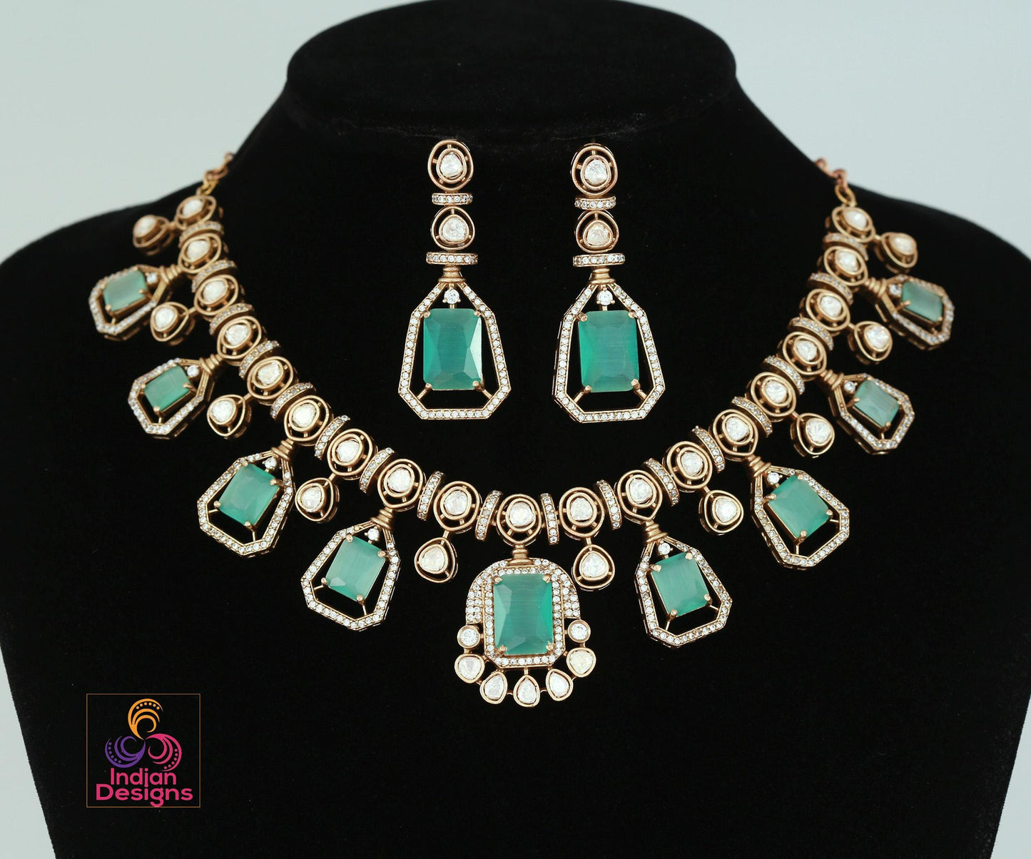 Victorian gold polish kundan necklace set| uncut polki diamond kundan stone necklace| indian wedding bridal statement necklace|gift for her