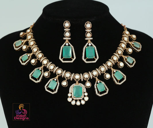 Victorian gold polish kundan necklace set| uncut polki diamond kundan stone necklace| indian wedding bridal statement necklace|gift for her