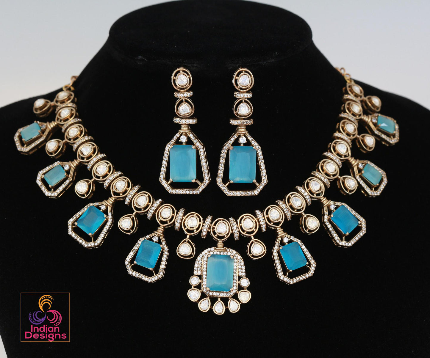 Victorian gold polish kundan necklace set| uncut polki diamond kundan stone necklace| indian wedding bridal statement necklace|gift for her