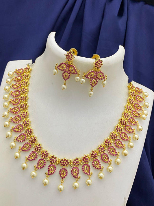 Gold Plated Ruby & Pearl Necklace Set with Earrings| wedding necklace earrings|ad stone necklace set| American Diamond necklace|Gift for her