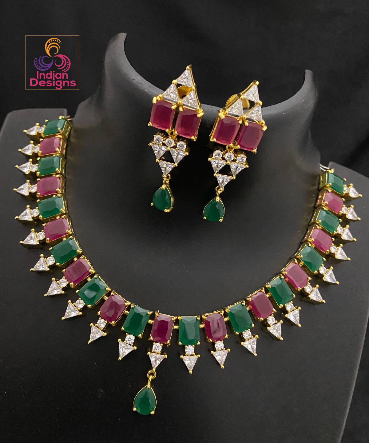 Gold plated ruby emerald ad stone choker| indian wedding jewelry| minimalist american diamond cz bridal wedding jewelry| gift for her